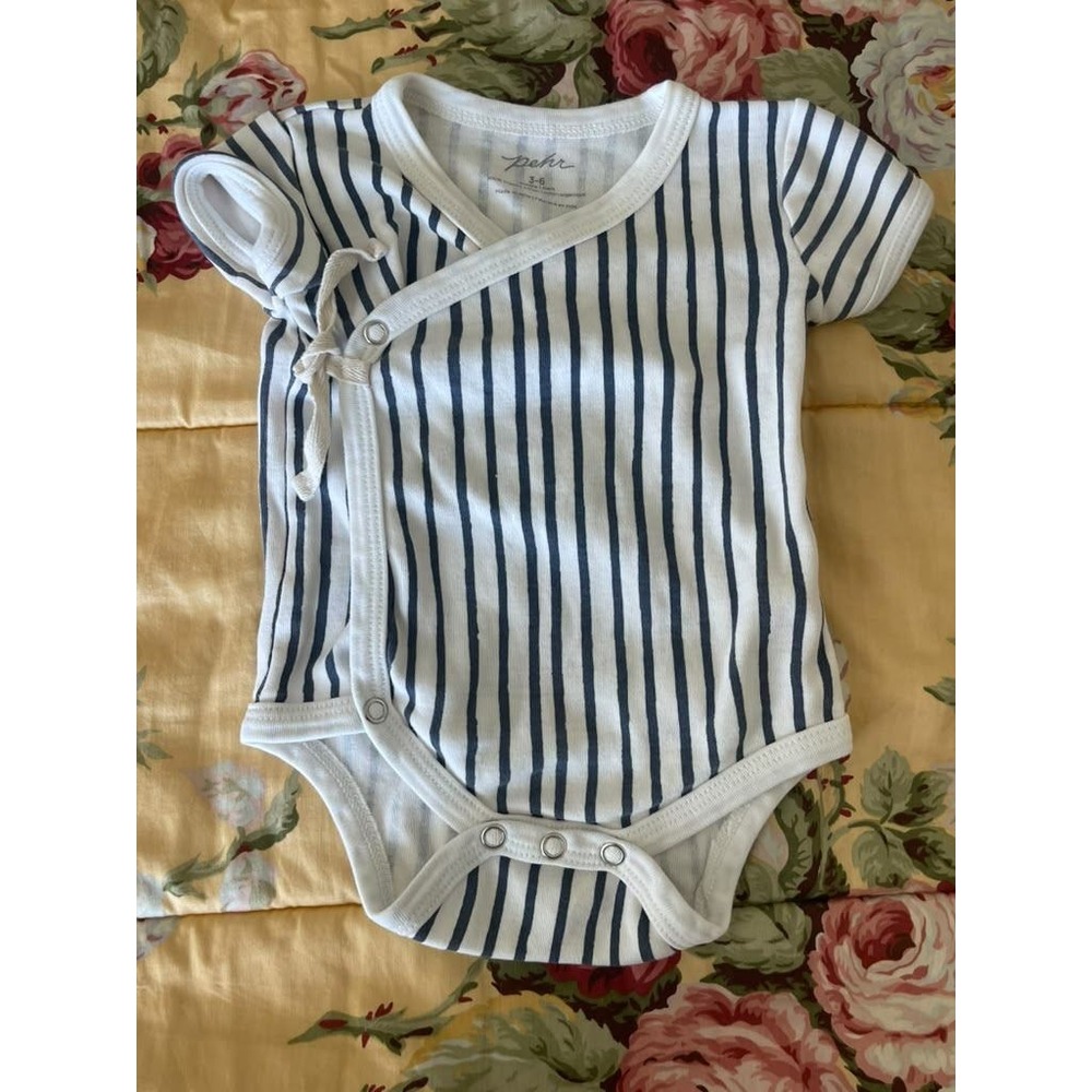 Pehr 3-6 Months Organic Cotton Navy White Striped Kimono Wrap Short Sleeve Body